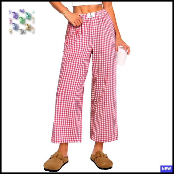 Other - Striped Gingham Palazzo Pants Wide Leg Cropped Lounge Pajama Bottoms with